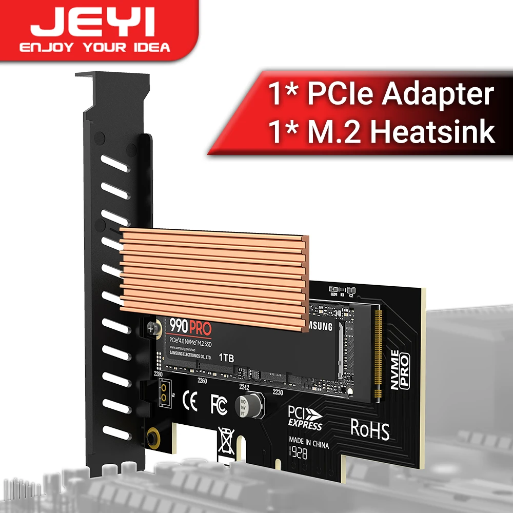 JEYI M.2 NVME to PCIe Adapter Card With SSD Heatsink, 64Gbps ssd PCIe 4.0 X4 Expansion Card for Desktop PC , Gen4 Gen3 Gen2 1