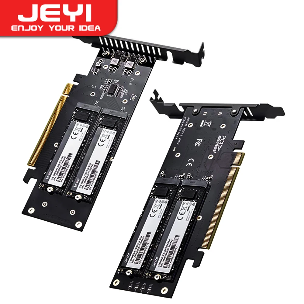 JEYI 4 SSD to PCIE 4.0 Expansion Card, 4 NVMe M.2 M key SSD To PCIe X16 Adapter, up to 256 Gbps, Support Bifurcation Raid 0 1 5 1
