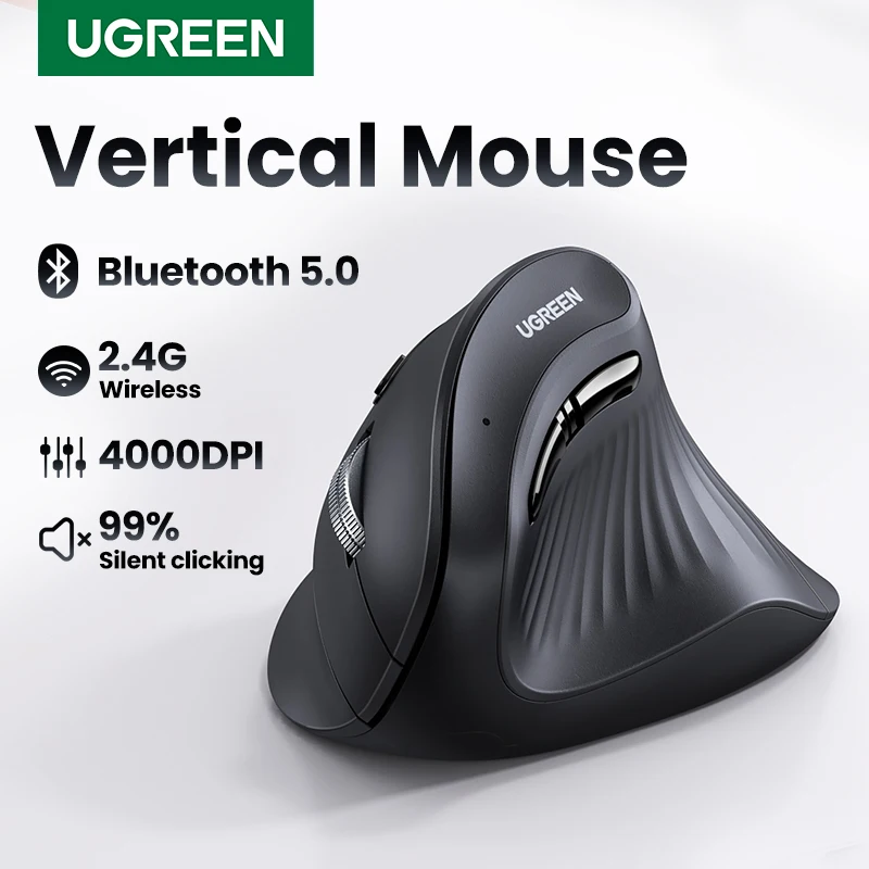 UGREEN Vertical Mouse Wireless Bluetooth5.0 2.4G Ergonomic 4000DPI 6 Mute Buttons for MacBook Tablet Laptops Computer PC Mice 1