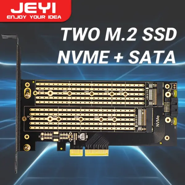 JEYI SK6 M.2 Dual M.2 PCIE 4.0 Adapter for NVMe / NGFF SSD, NVME (m Key) and SATA (b Key) SSD to PCIe x4 X8 X16 Slot 1