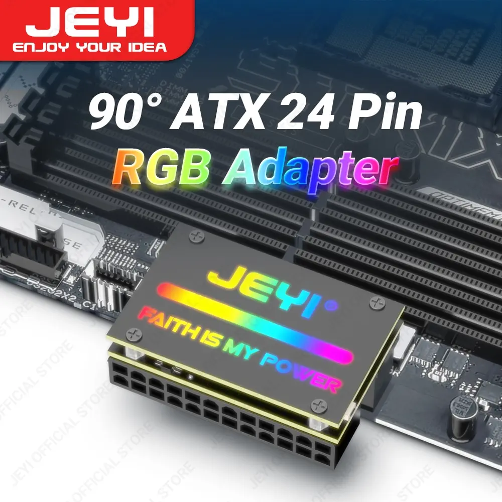 JEYI ATX 24Pin 90° RGB Adapter, 18 Light Modes Female to 24Pin Male 90 Degree Motherboard Power Adapter for Desktops PC Supply 1